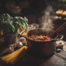 Traditional spaghetti sauce simmering in rustic kitchen