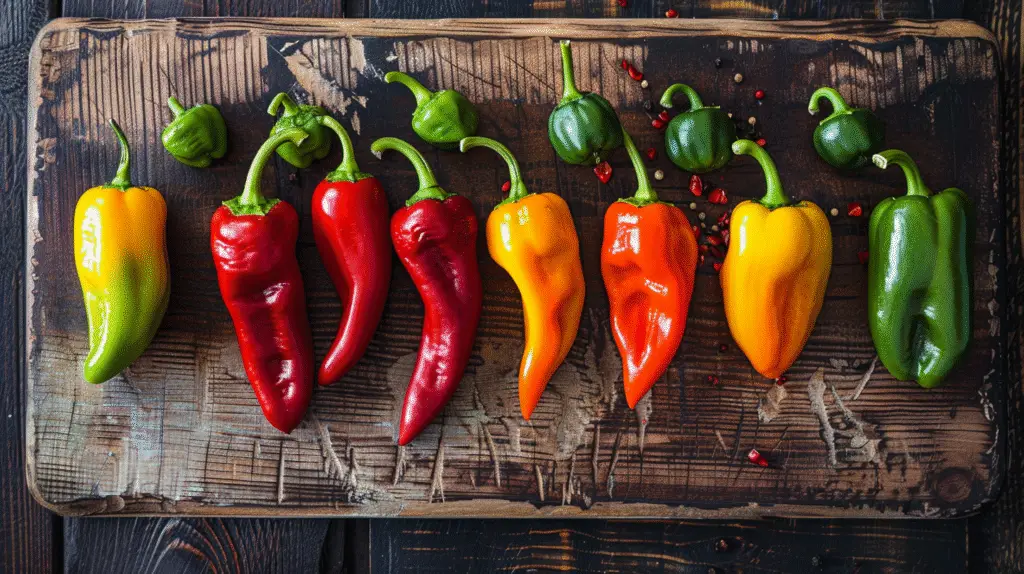 Hot Sauce Spice Scale: Your Complete Guide to Heat Levels and Scoville Ratings 5 Fresh peppers showing hot sauce spice scale from mild to superhot